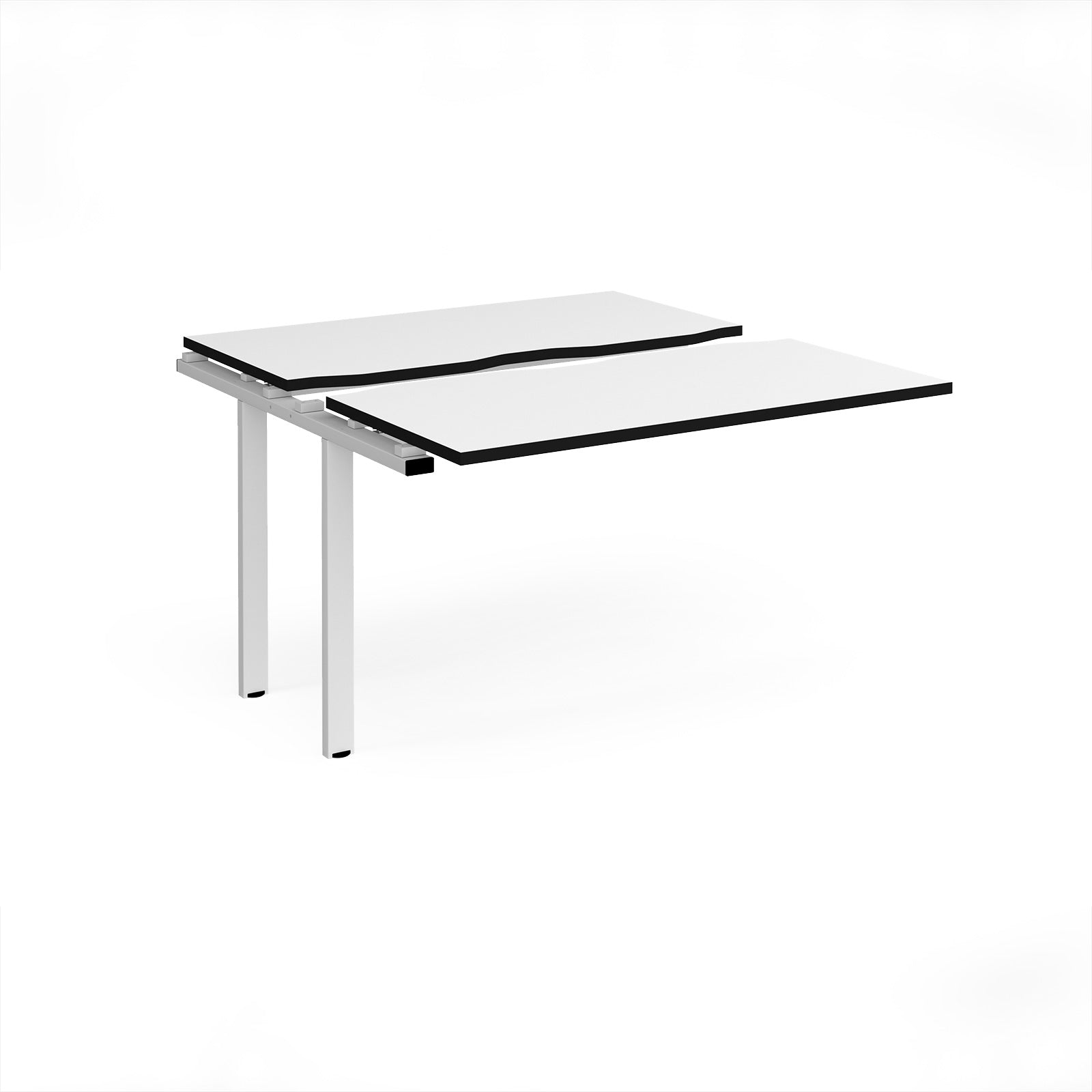 Modular bench desk add-on with a white top with black edging, integrated cable access cut-out, and white metal legs, shown on a white background.