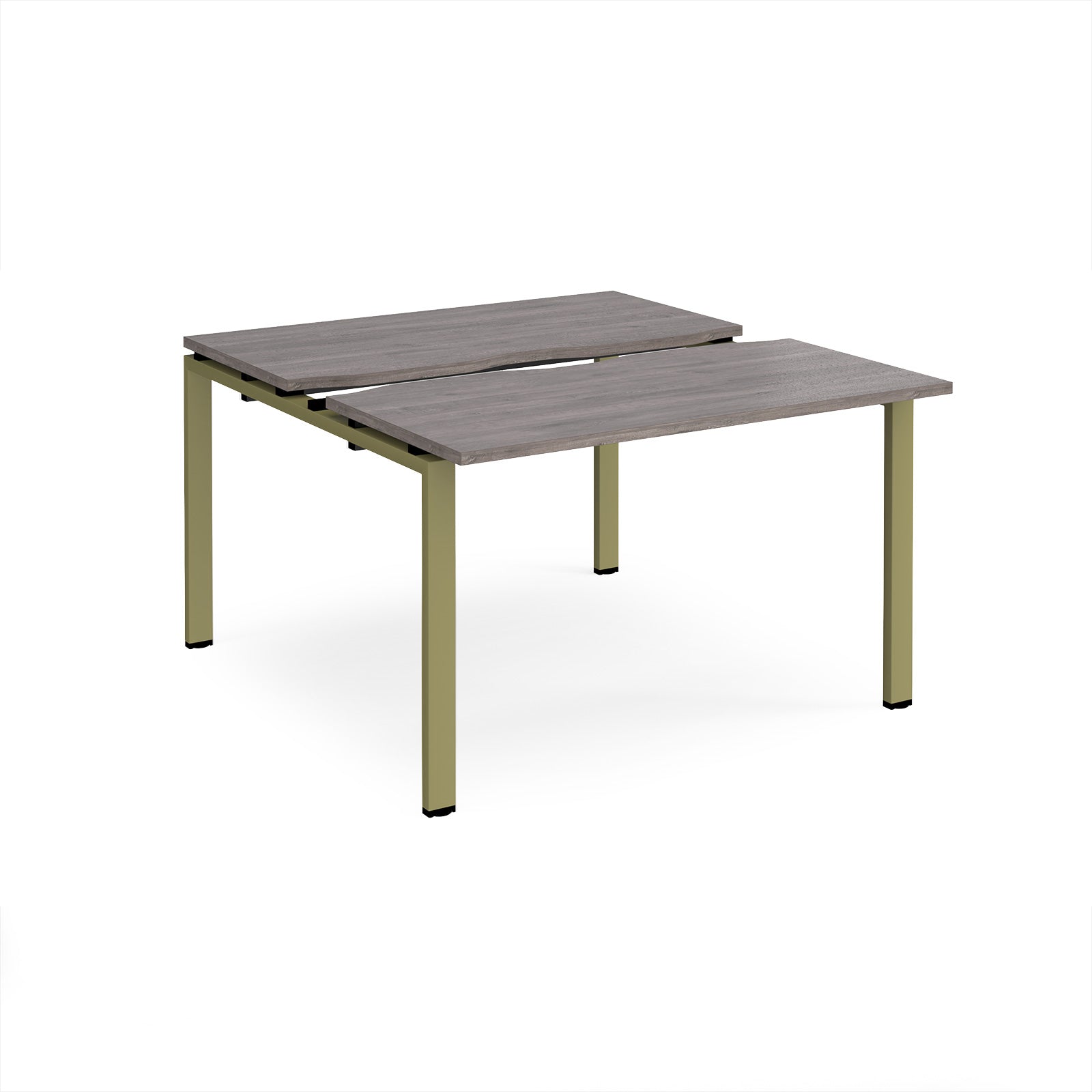 Two-person back-to-back office desk with grey wood-effect worktops and green metal legs, shown against a white background.