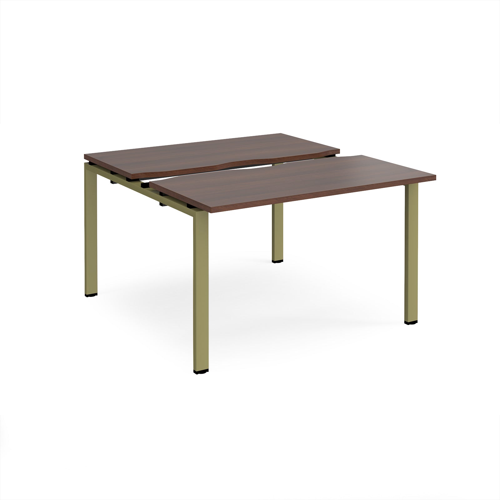 Two-person back-to-back office desk with dark wood-effect worktops and green metal legs, shown against a white background.