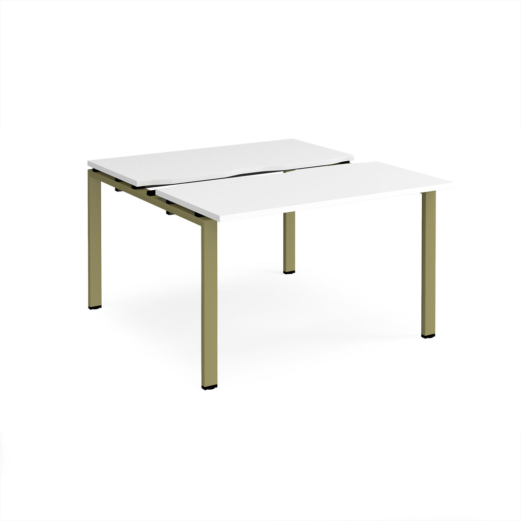 Two-person back-to-back office desk with white worktops and green metal legs, shown against a white background.