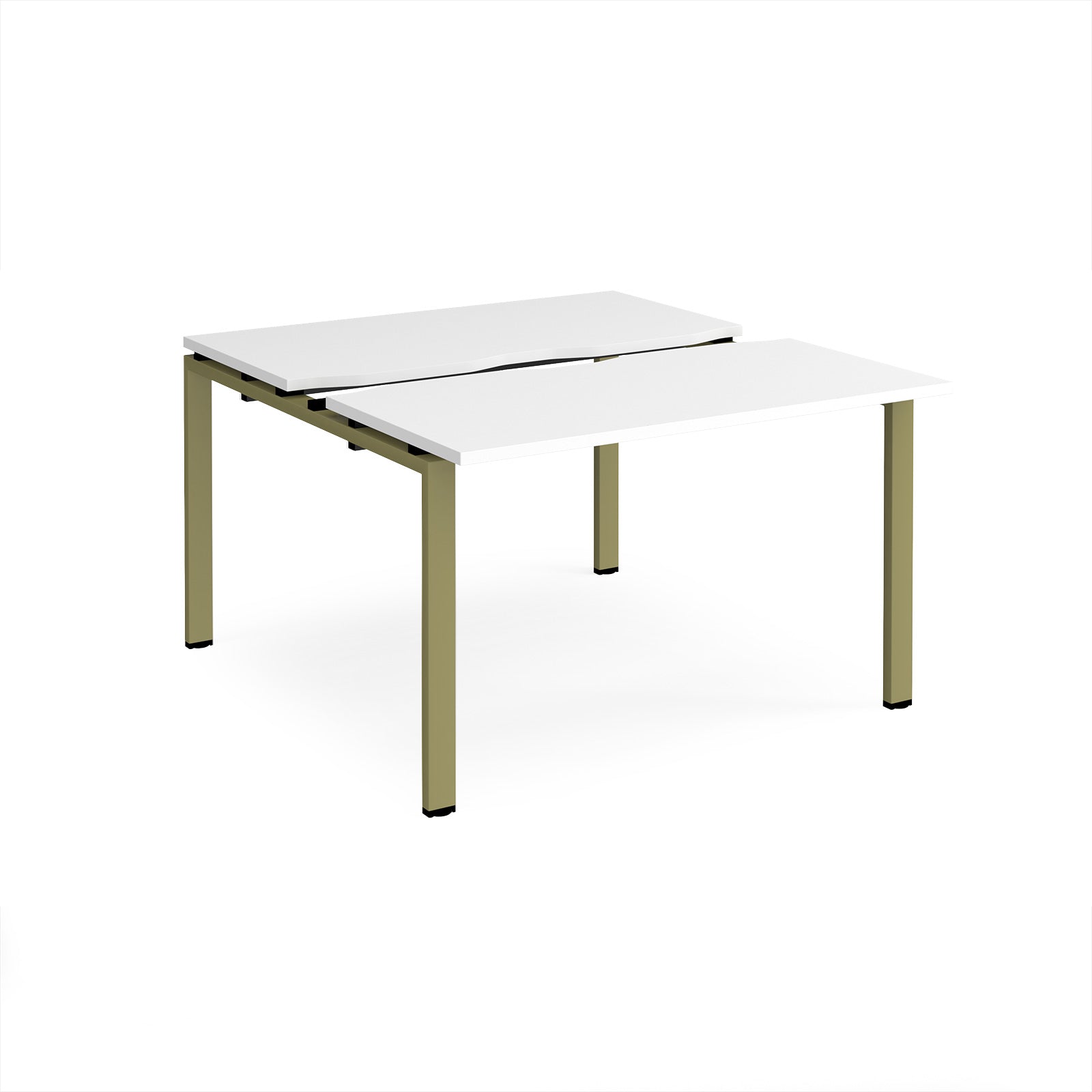 Two-person back-to-back office desk with white worktops and green metal legs, shown against a white background.