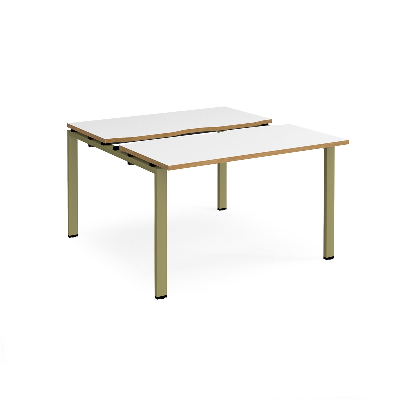 Two-person back-to-back office desk with white worktops, oak-effect edging, and green metal legs, shown against a white background.
