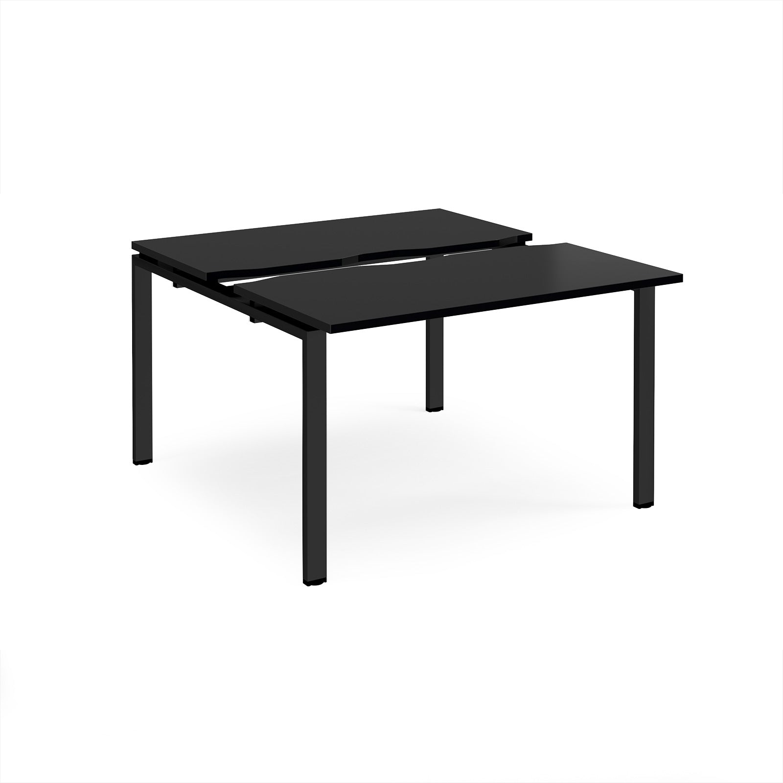 Two-person back-to-back office desk with black worktops and black metal legs, shown against a white background.