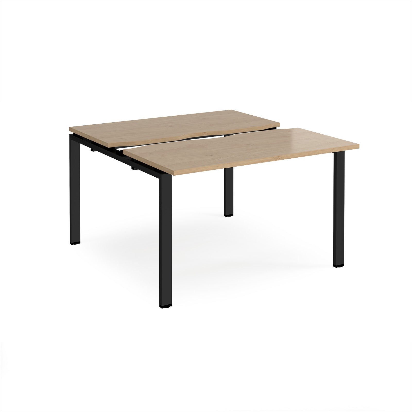 Two-person back-to-back office desk with oak-effect worktops and black metal legs, shown against a white background.
