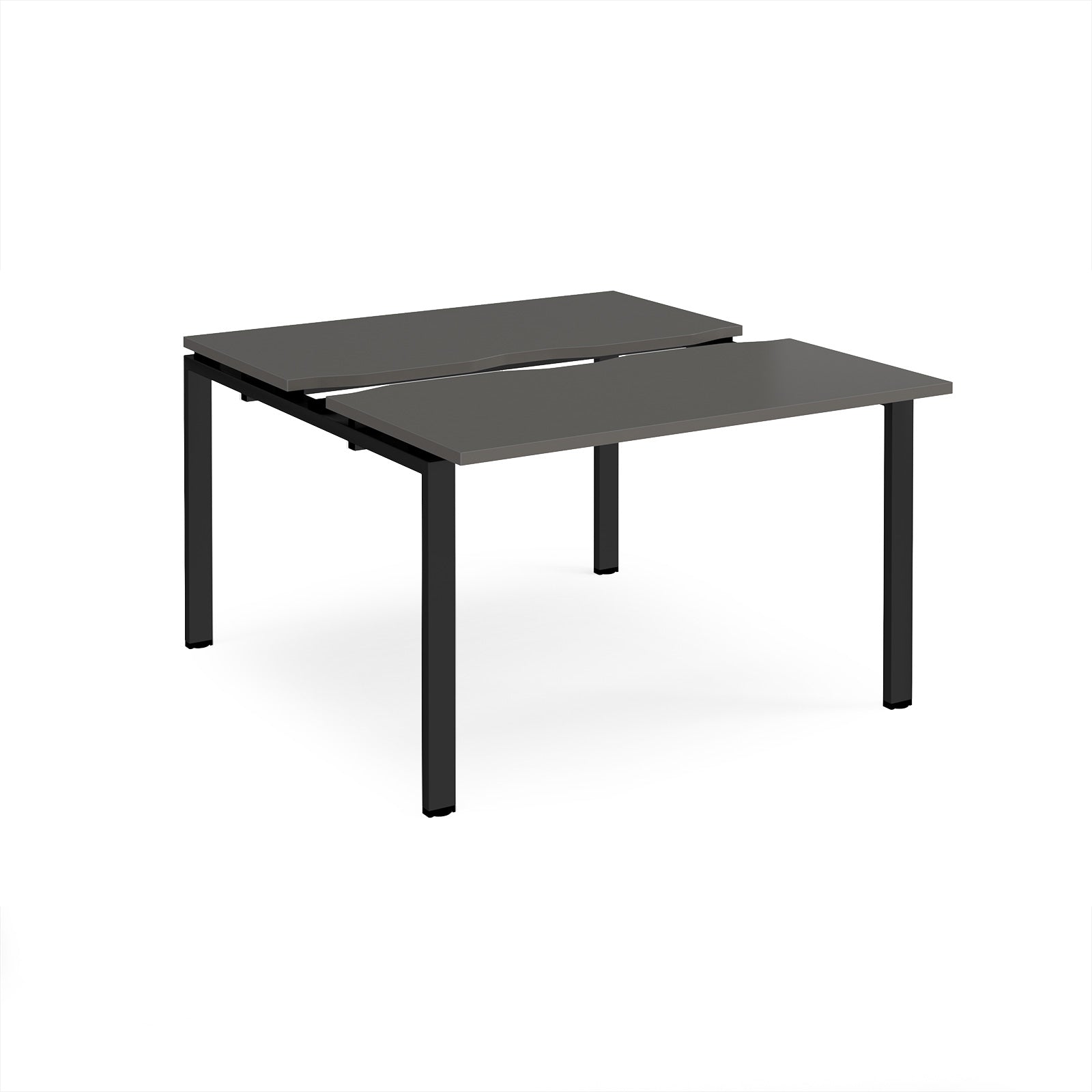 Two-person back-to-back office desk with grey worktops and black metal legs, shown against a white background.