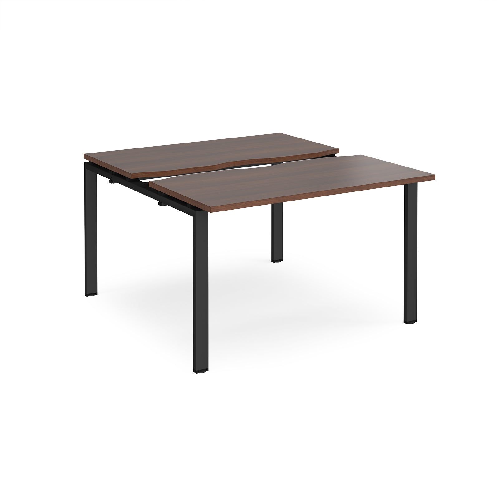 Two-person back-to-back office desk with dark wood-effect worktops and black metal legs, designed for shared workspace layouts.