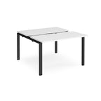 Two-person back-to-back office desk with white worktops and black metal legs, shown against a white background.