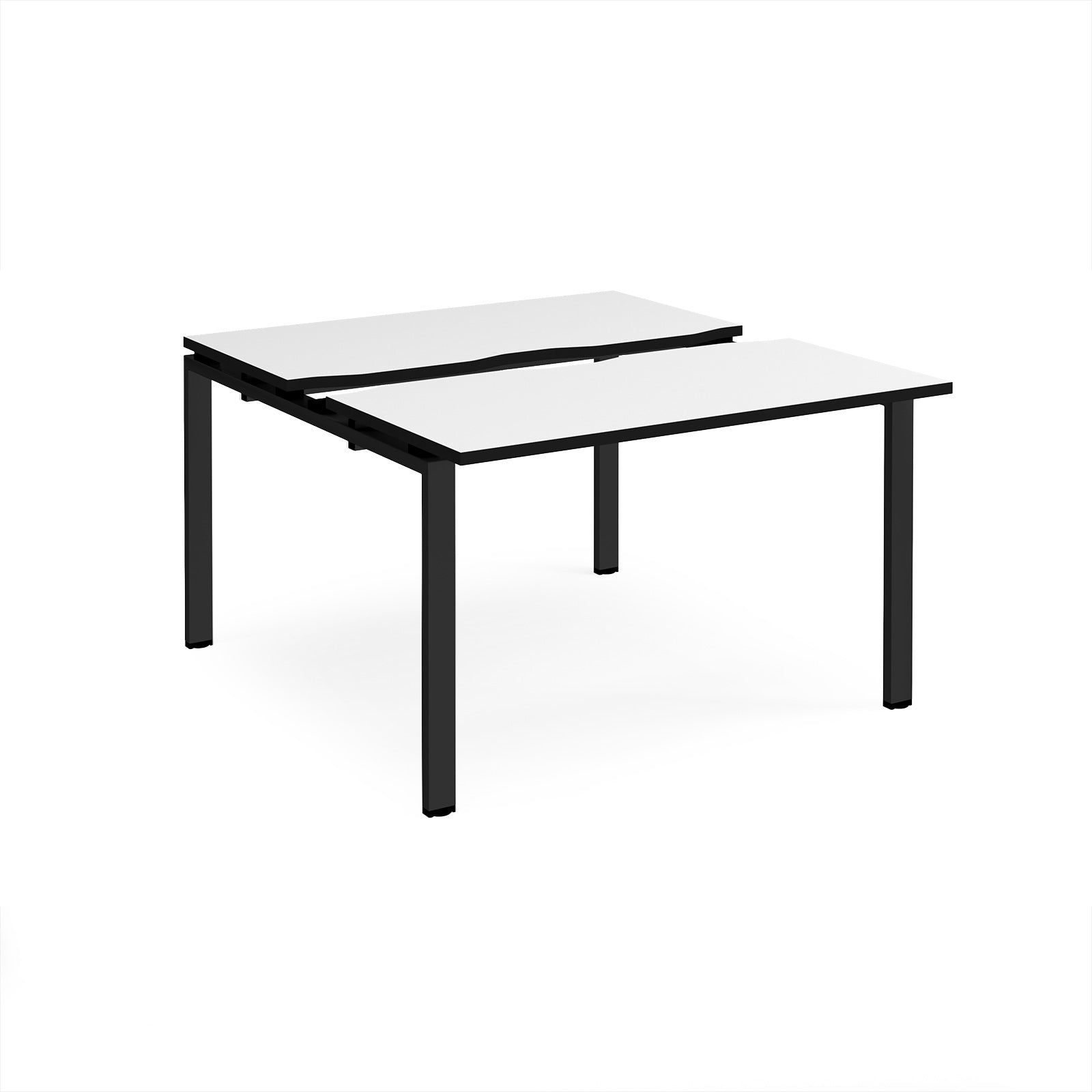 Two-person back-to-back office desk with white worktops, black edging, and black metal legs, shown against a white background.