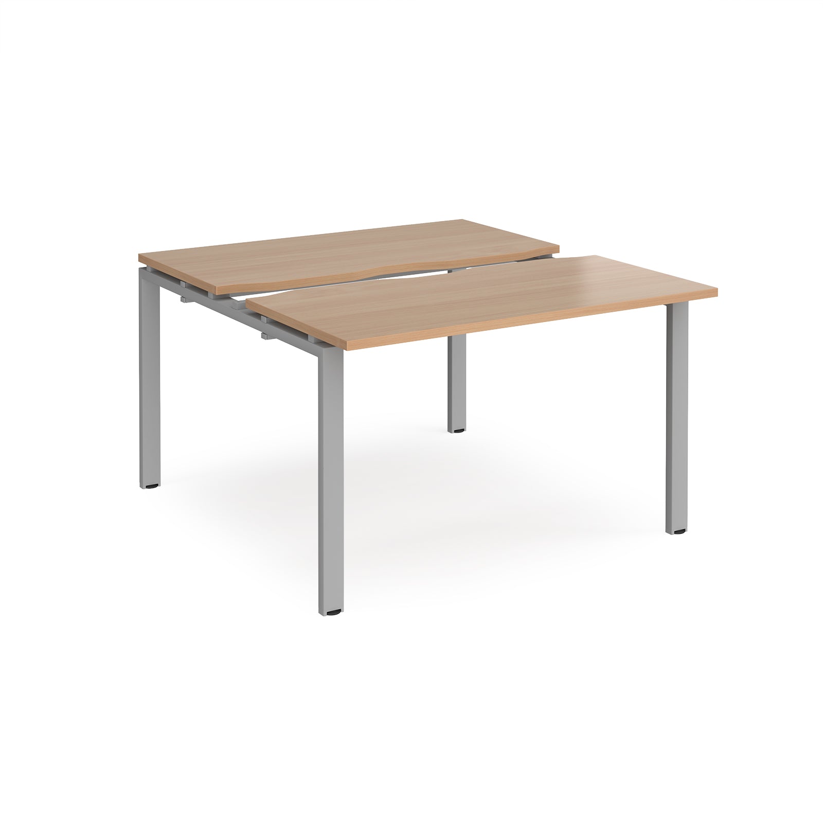 Two-person back-to-back office desk with wood-effect worktops and silver metal legs, shown against a white background.