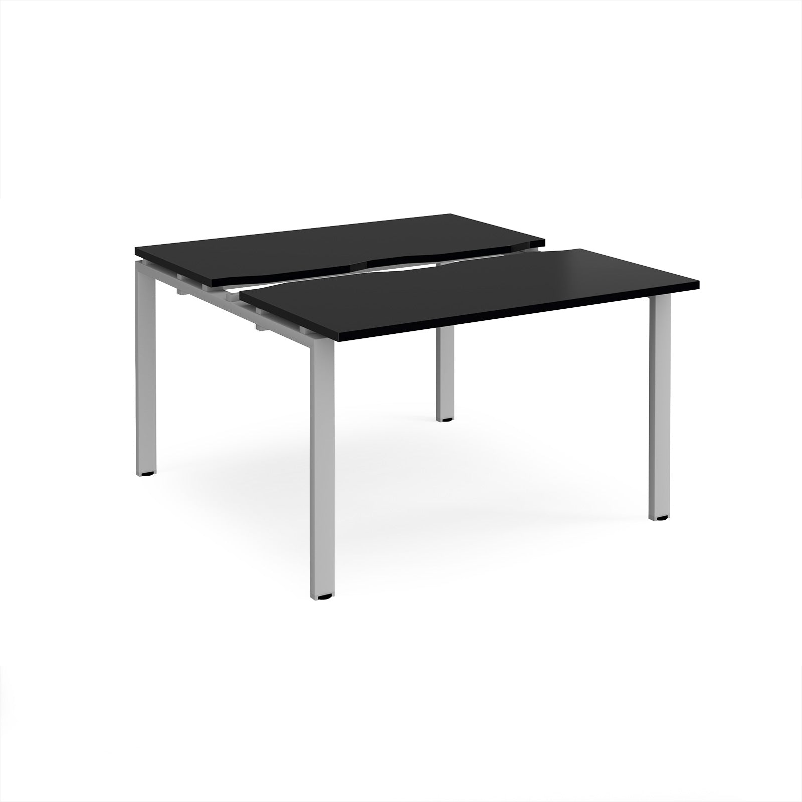 Two-person back-to-back office desk with black worktops and silver metal legs, shown against a white background.