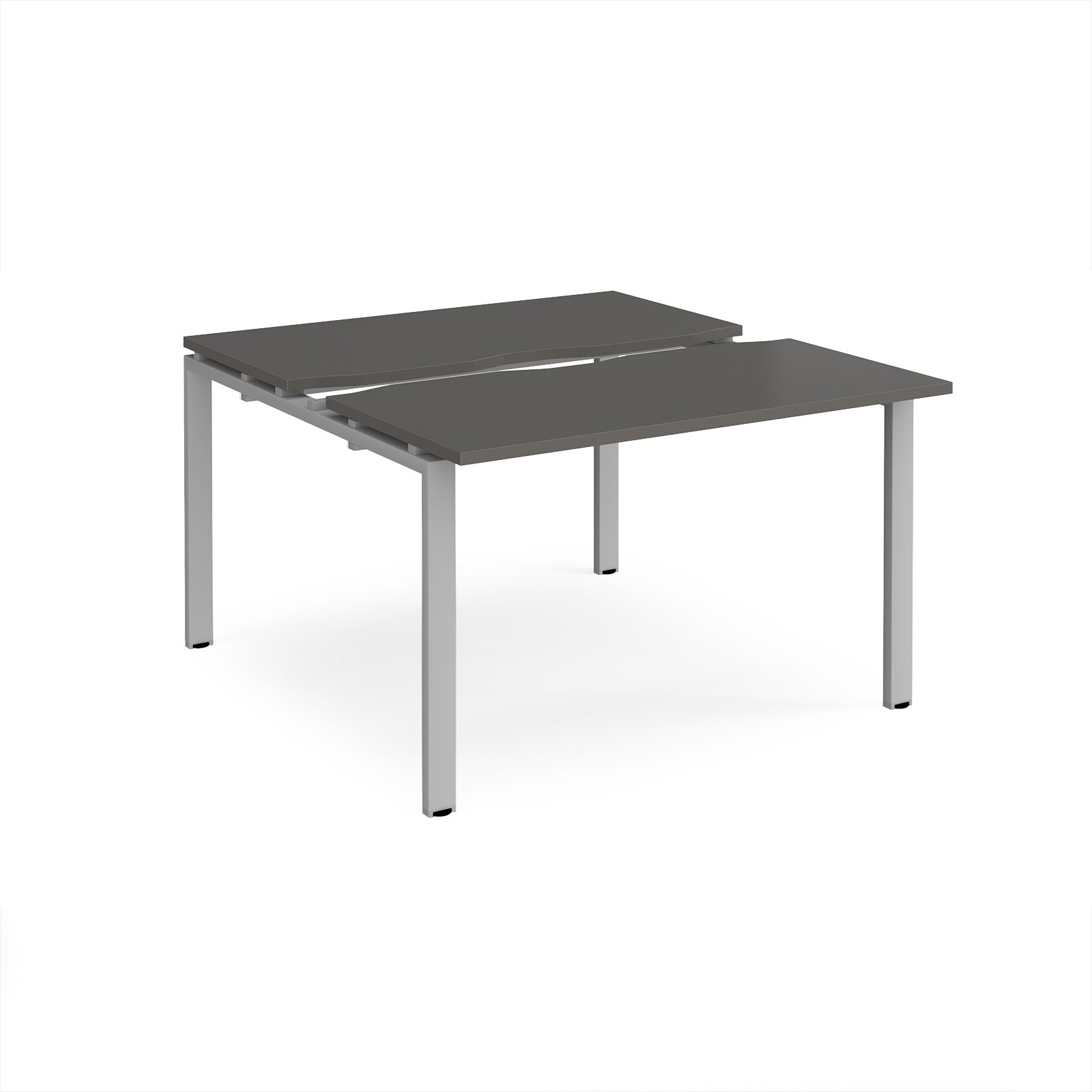 Two-person back-to-back office desk with grey worktops and silver metal legs, shown against a white background.