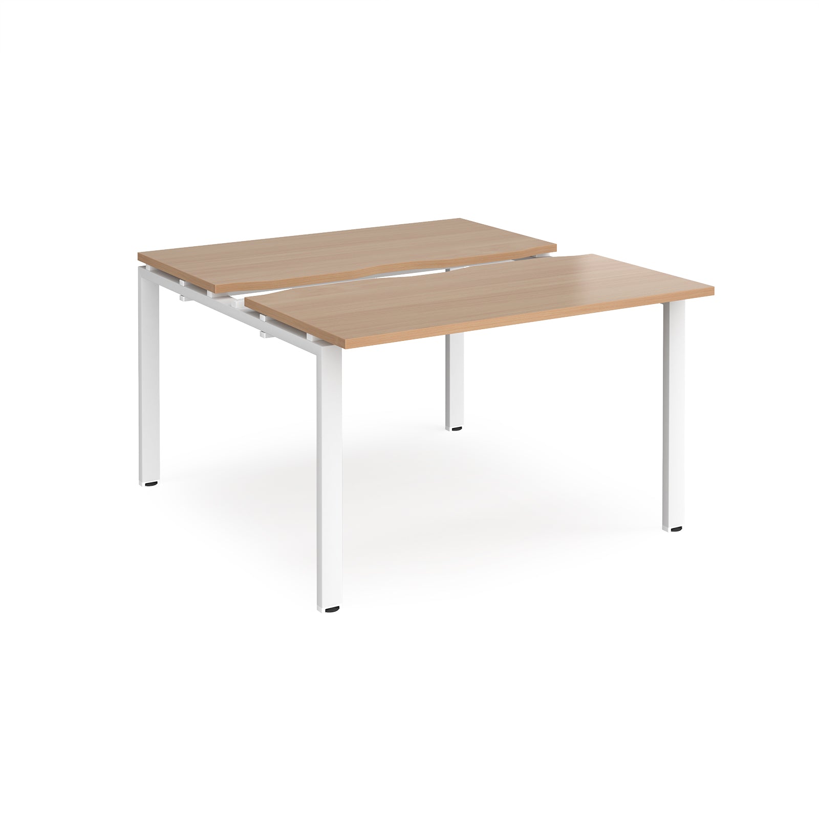 Two-person back-to-back office desk with wood-effect worktops and white metal legs, designed for shared workspace layouts.