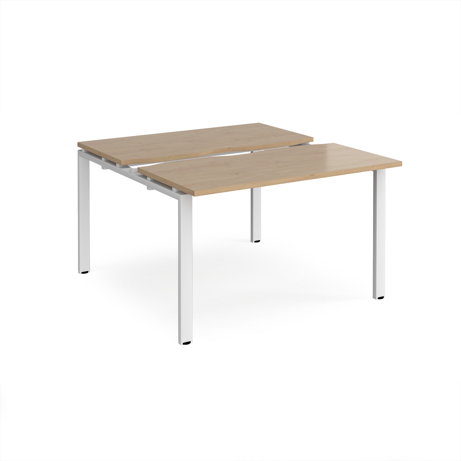 Two-person back-to-back office desk with oak-effect worktops and white metal legs, shown against a white background.