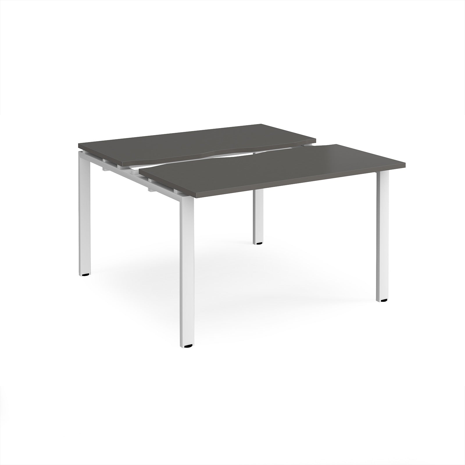 Two-person back-to-back office desk with grey worktops and white metal legs, shown against a white background.