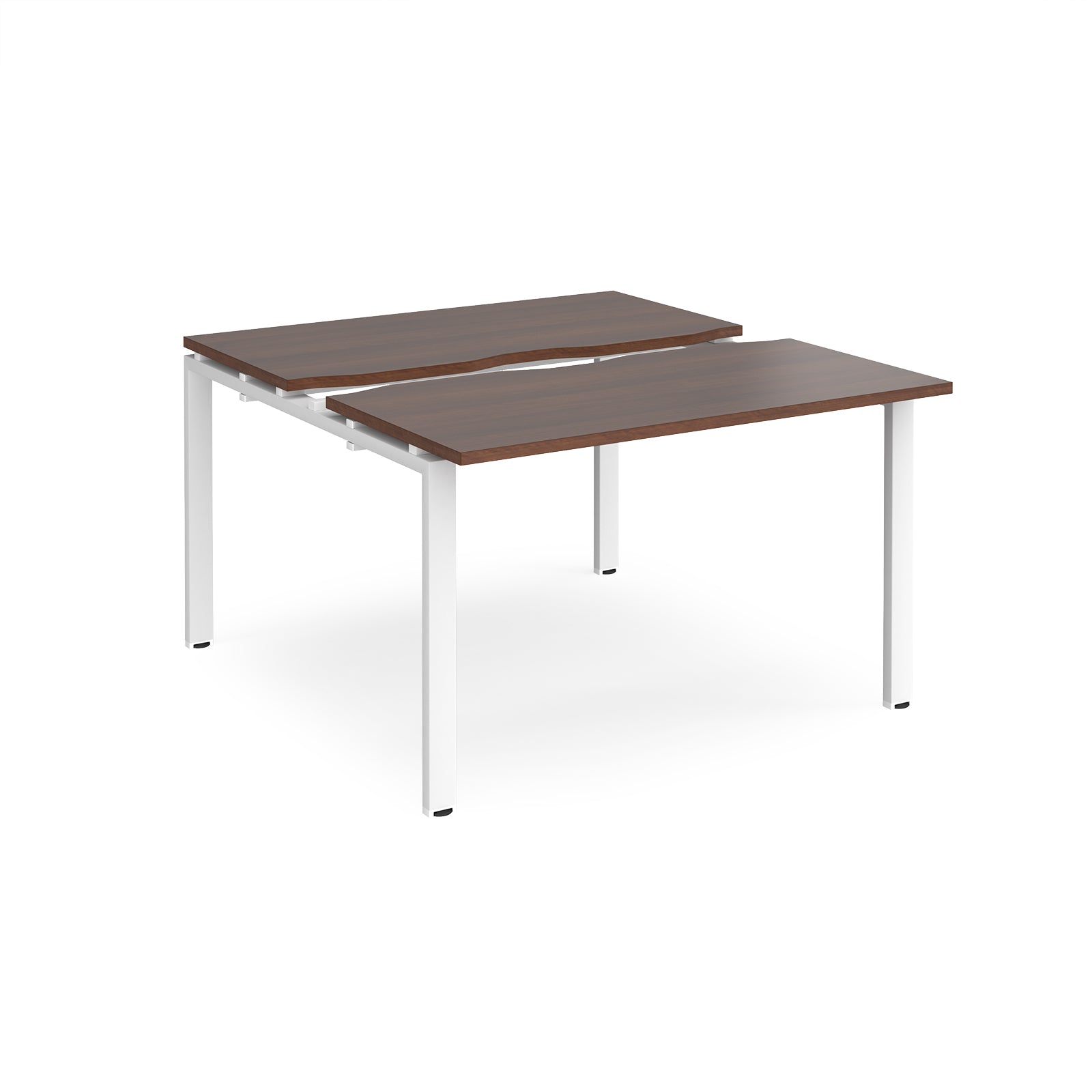 Two-person back-to-back office desk with dark wood-effect worktops and white metal legs, shown against a white background.