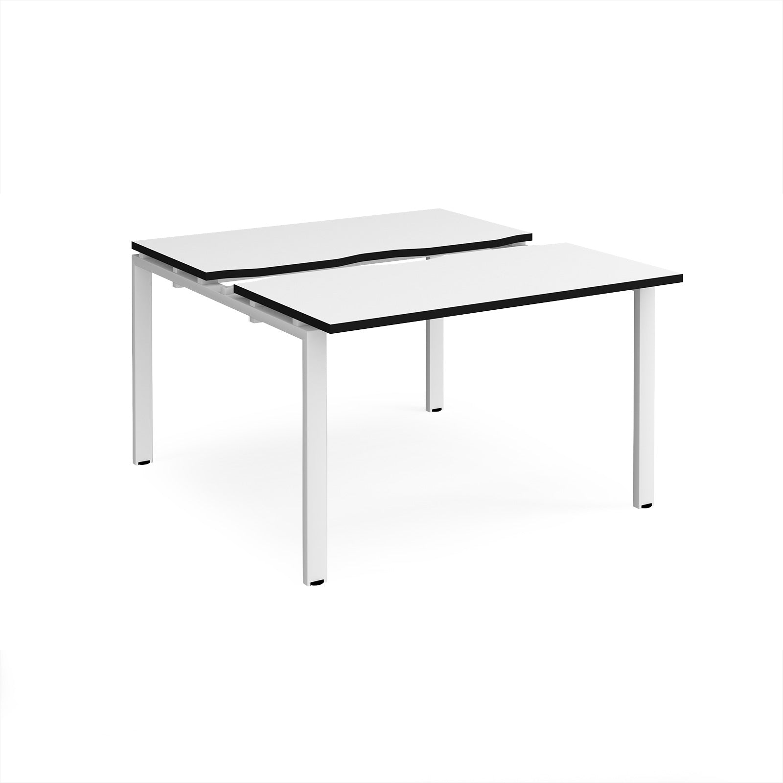 Two-person back-to-back office desk with white worktops, black edging, and white metal legs, shown against a white background.