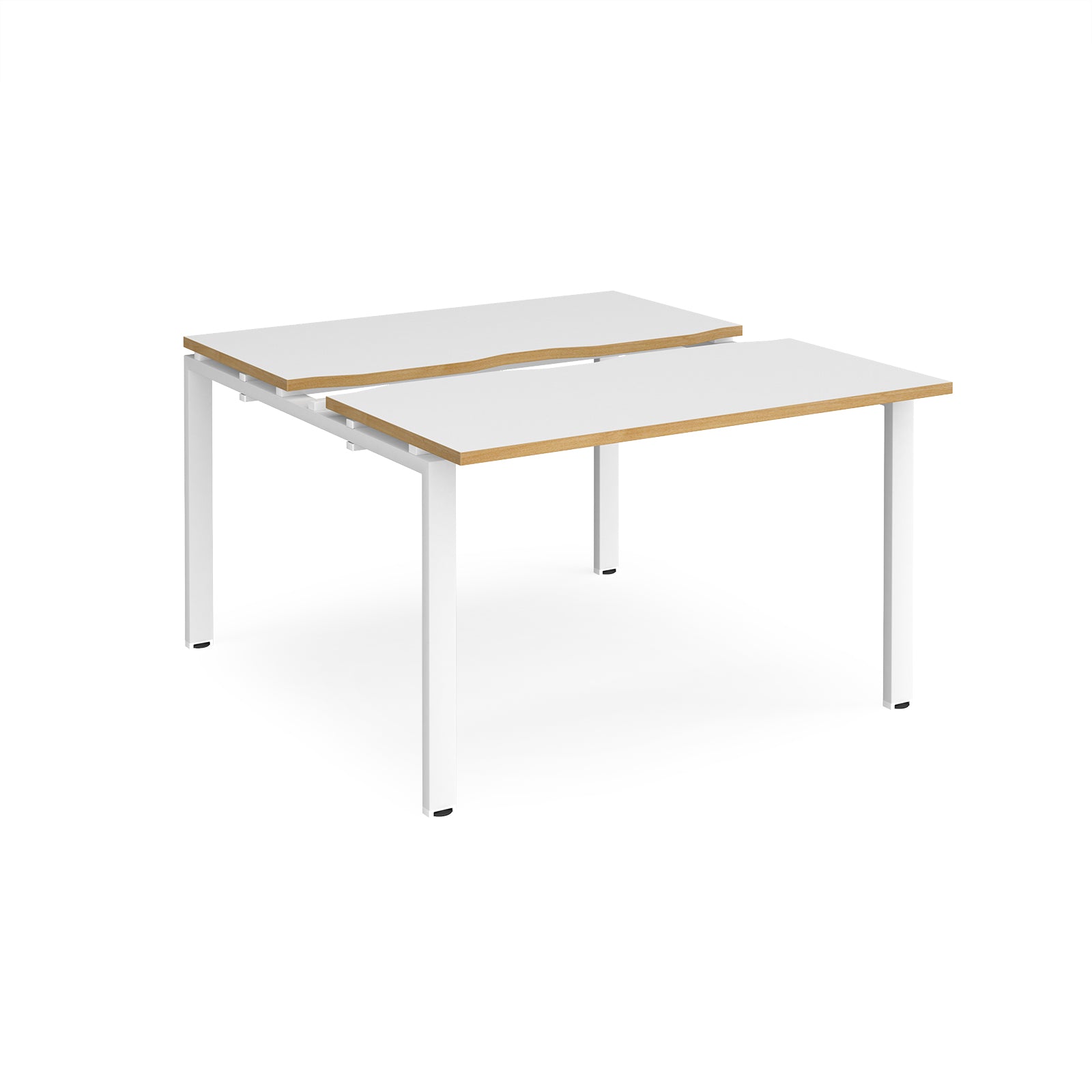 Two-person back-to-back office desk with white worktops, oak-effect edging, and white metal legs, shown against a white background.