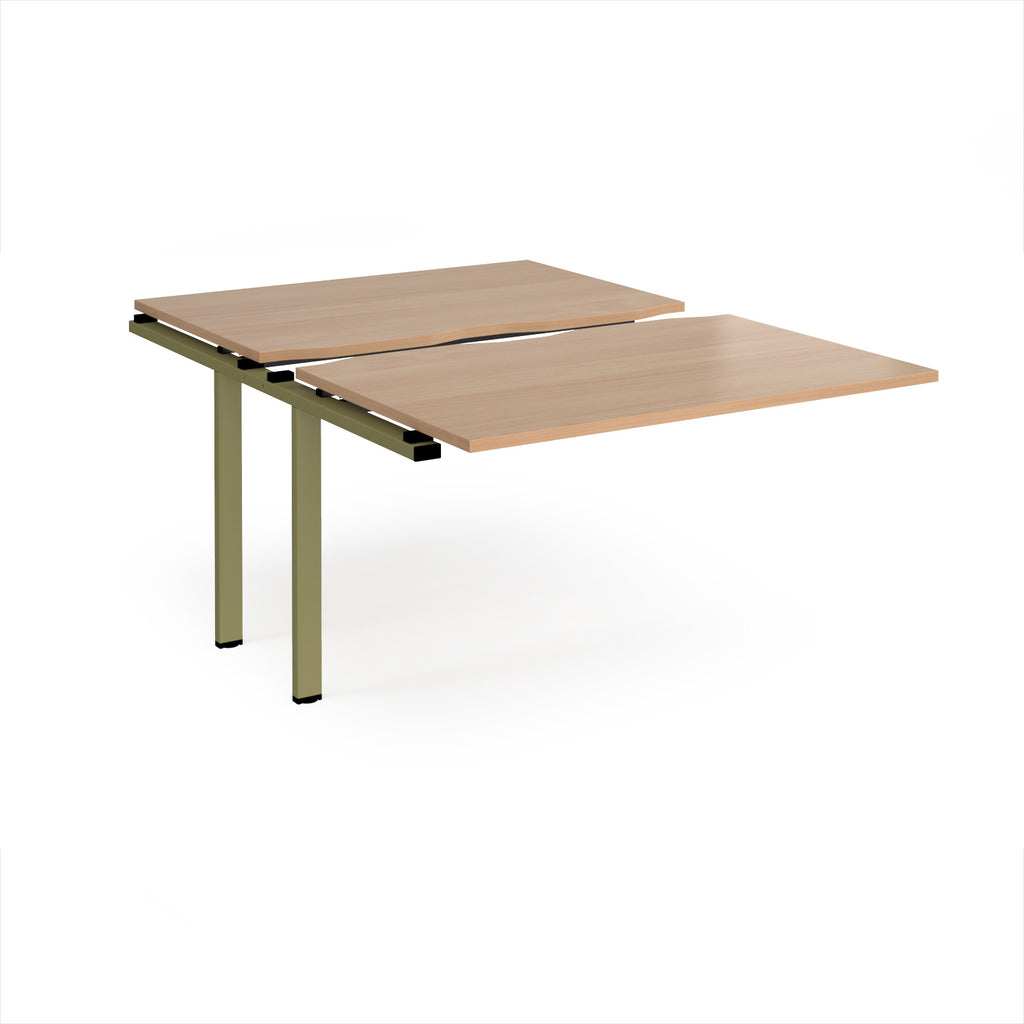 Large modular bench desk add-on with a wood-effect top and green metal legs, shown on a white background.