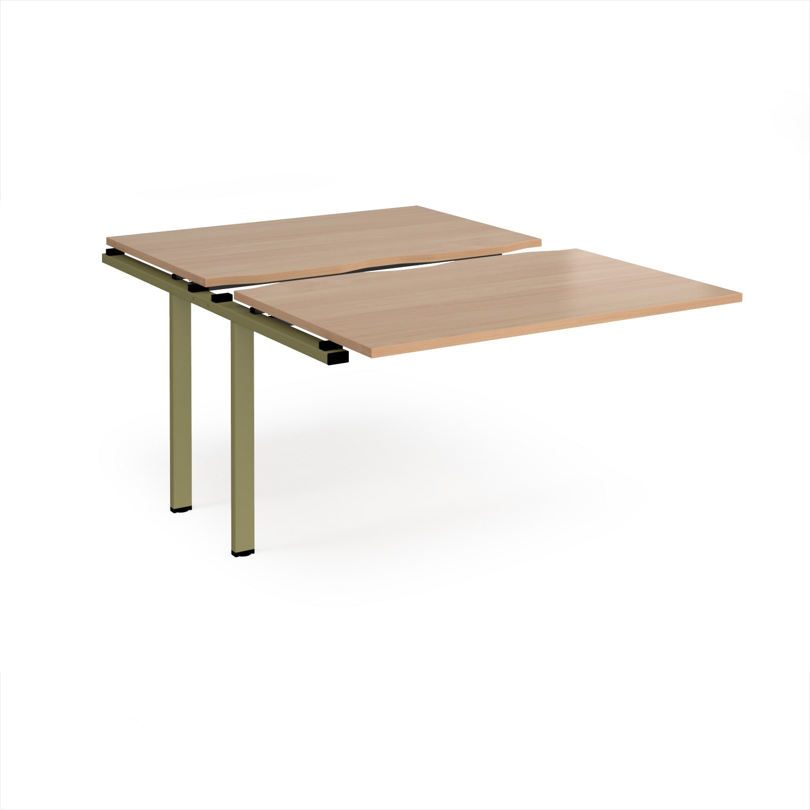 Large modular bench desk add-on with a wood-effect top and green metal legs, shown on a white background.
