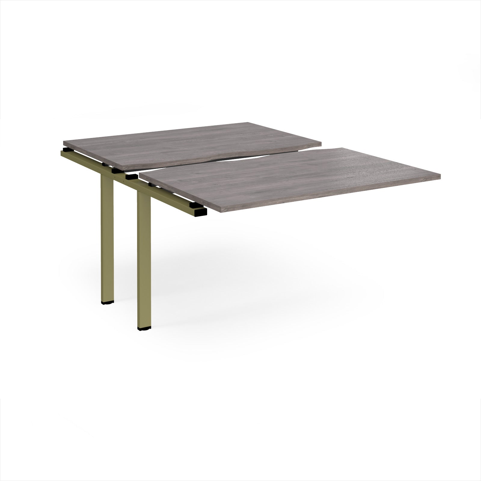 Large modular bench desk add-on with a grey wood-effect top and green metal legs, shown on a white background.