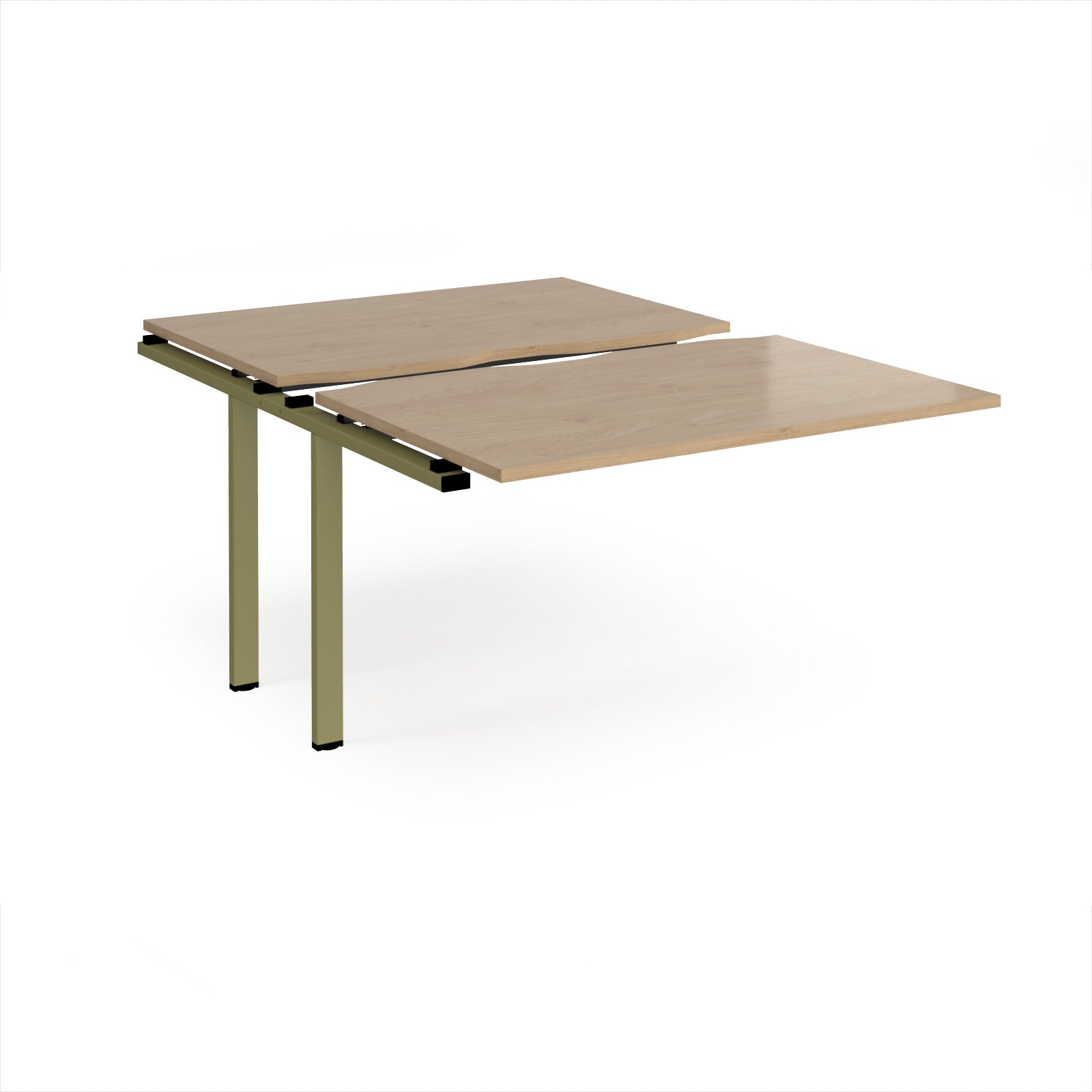 Large modular bench desk add-on with a wood-effect top and green metal legs, shown on a white background.