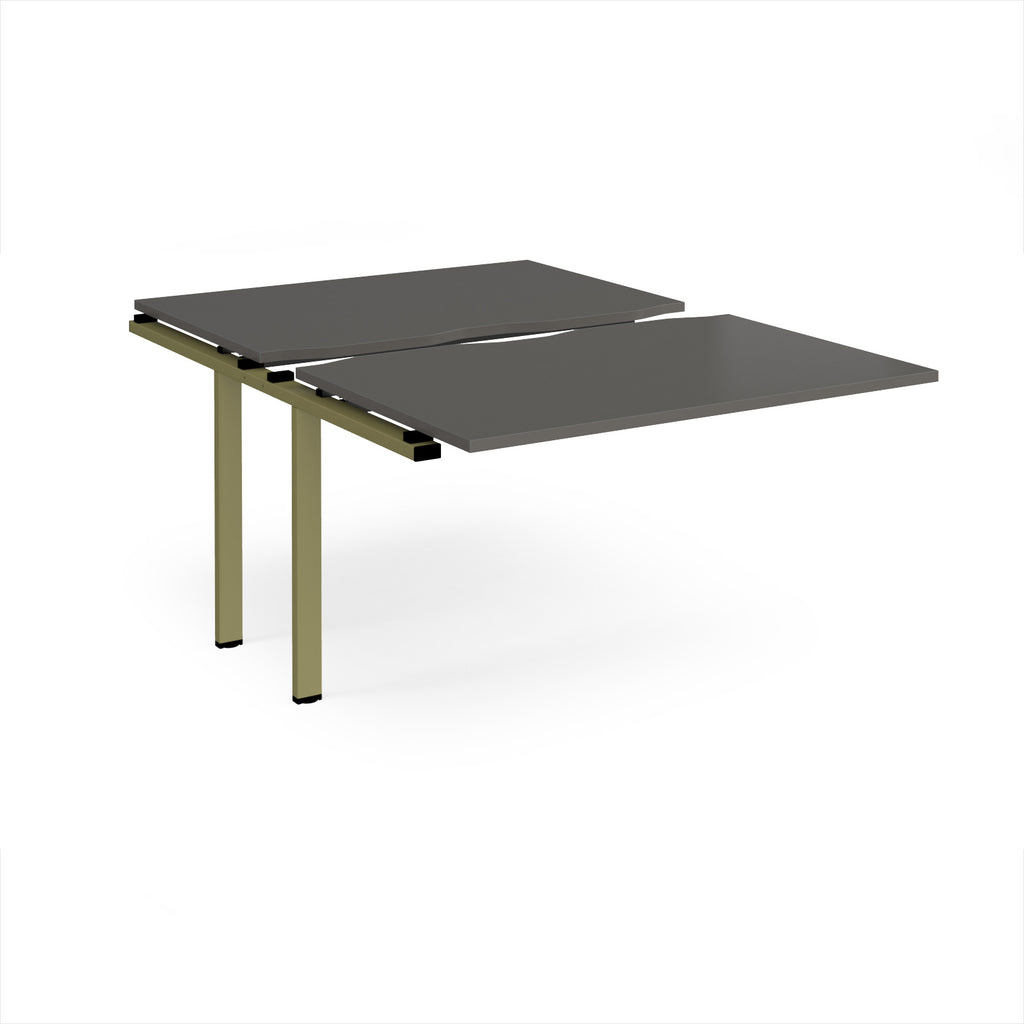 Large modular bench desk add-on with a grey top  and green metal legs, shown on a white background.