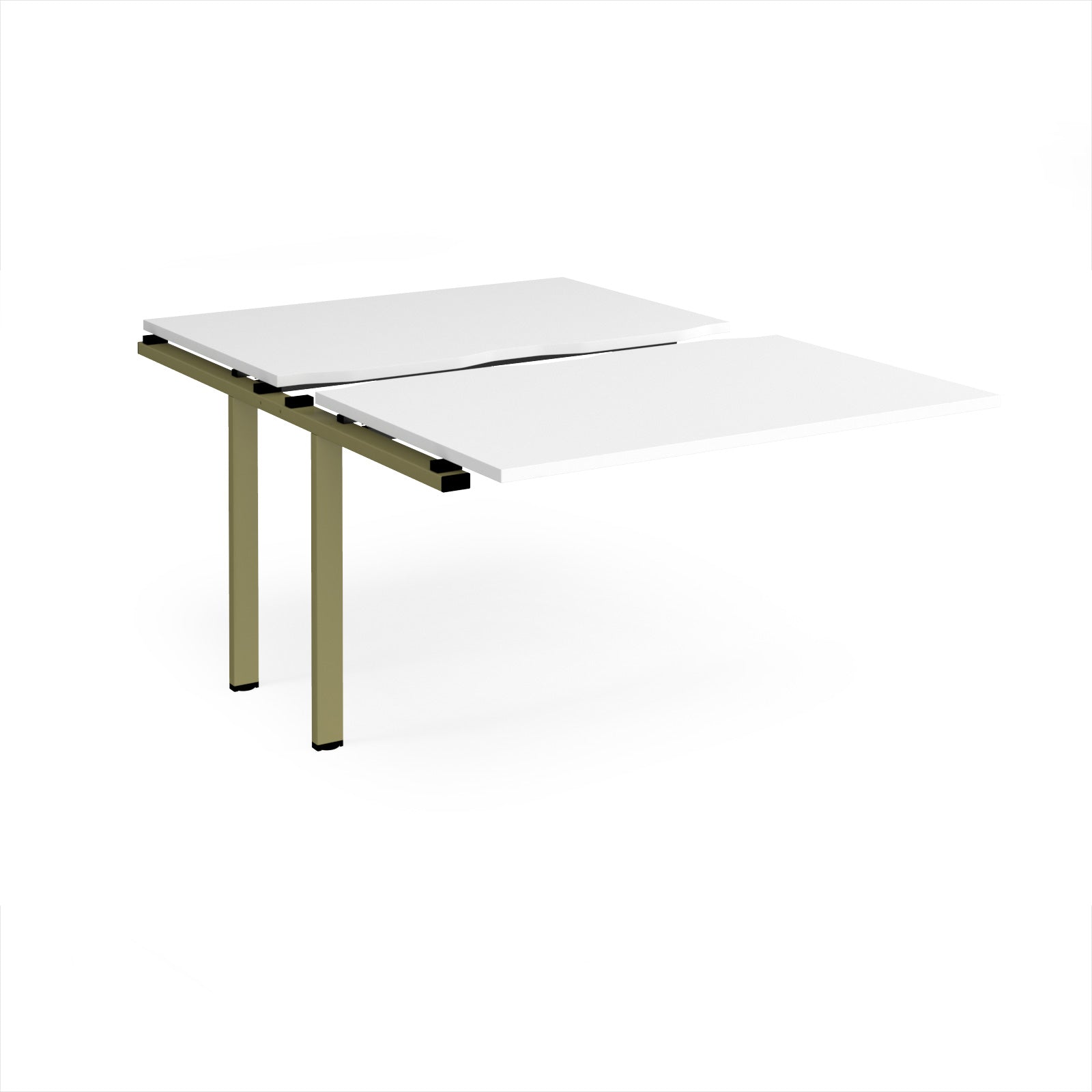 Large modular bench desk add-on with a white top and green metal legs, shown on a white background.