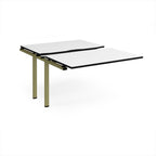 Large modular bench desk add-on with a white top with black edge, and green metal legs, shown on a white background.