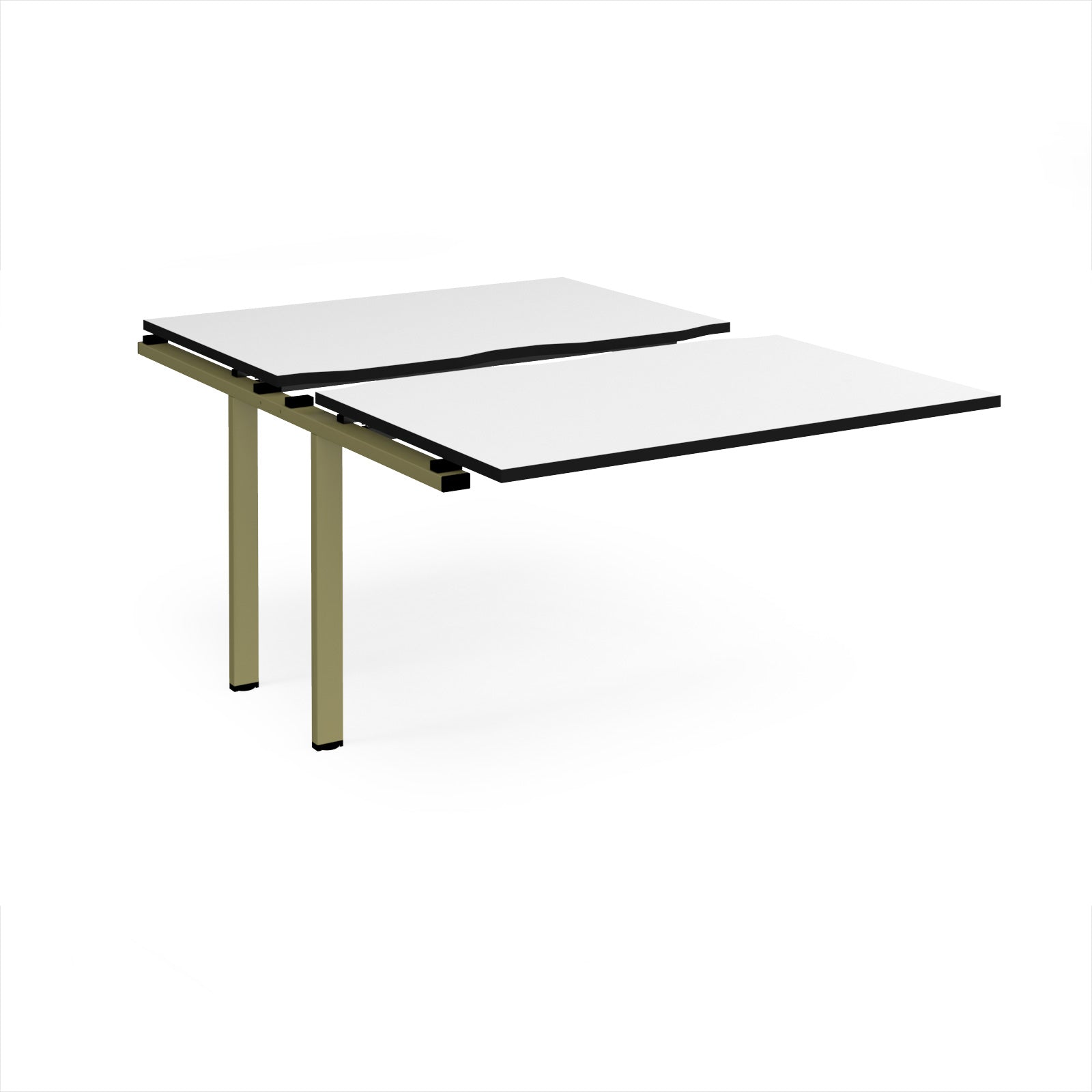 Large modular bench desk add-on with a white top with black edge, and green metal legs, shown on a white background.