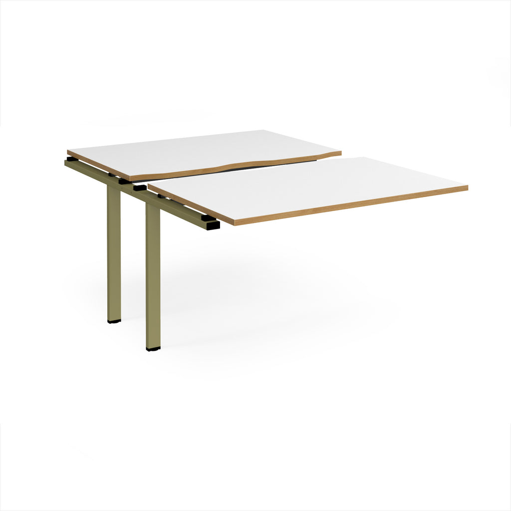 Large modular bench desk add-on with a white top with wood-effect edge, and green metal legs, shown on a white background.