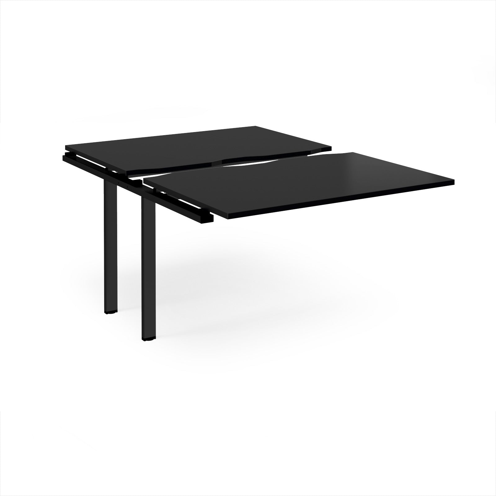 Large modular bench desk add-on with a black top and black metal legs, shown on a white background.