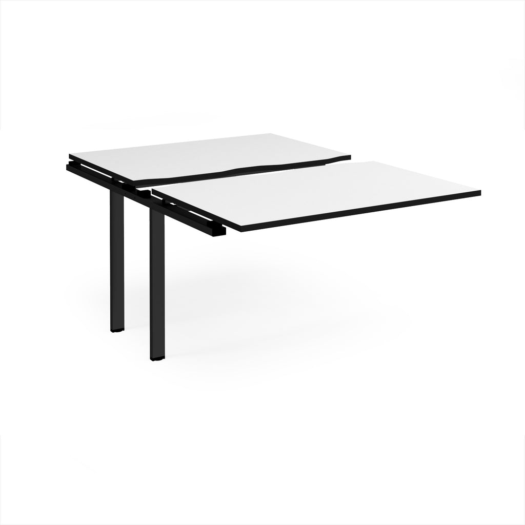 Large modular bench desk add-on with a white top with black edge, and black metal legs, shown on a white background.