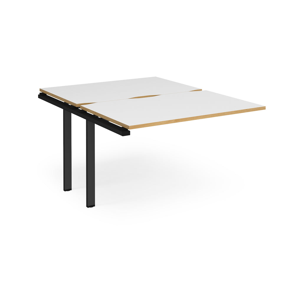 Large modular bench desk add-on with a white top with wood-effect edge, and black metal legs, shown on a white background.