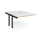 Large modular bench desk add-on with a white top with wood-effect edge, and black metal legs, shown on a white background.
