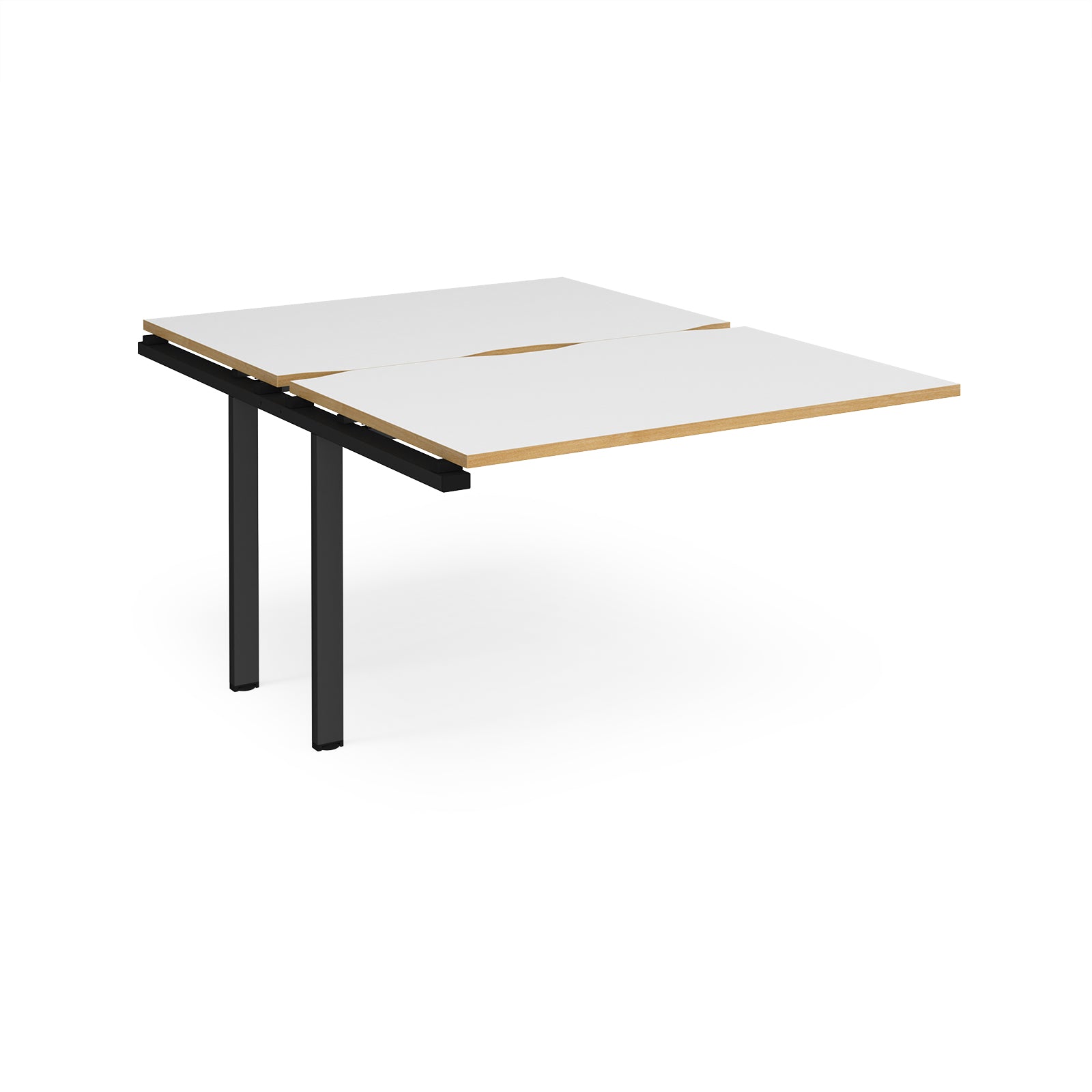 Large modular bench desk add-on with a white top with wood-effect edge, and black metal legs, shown on a white background.