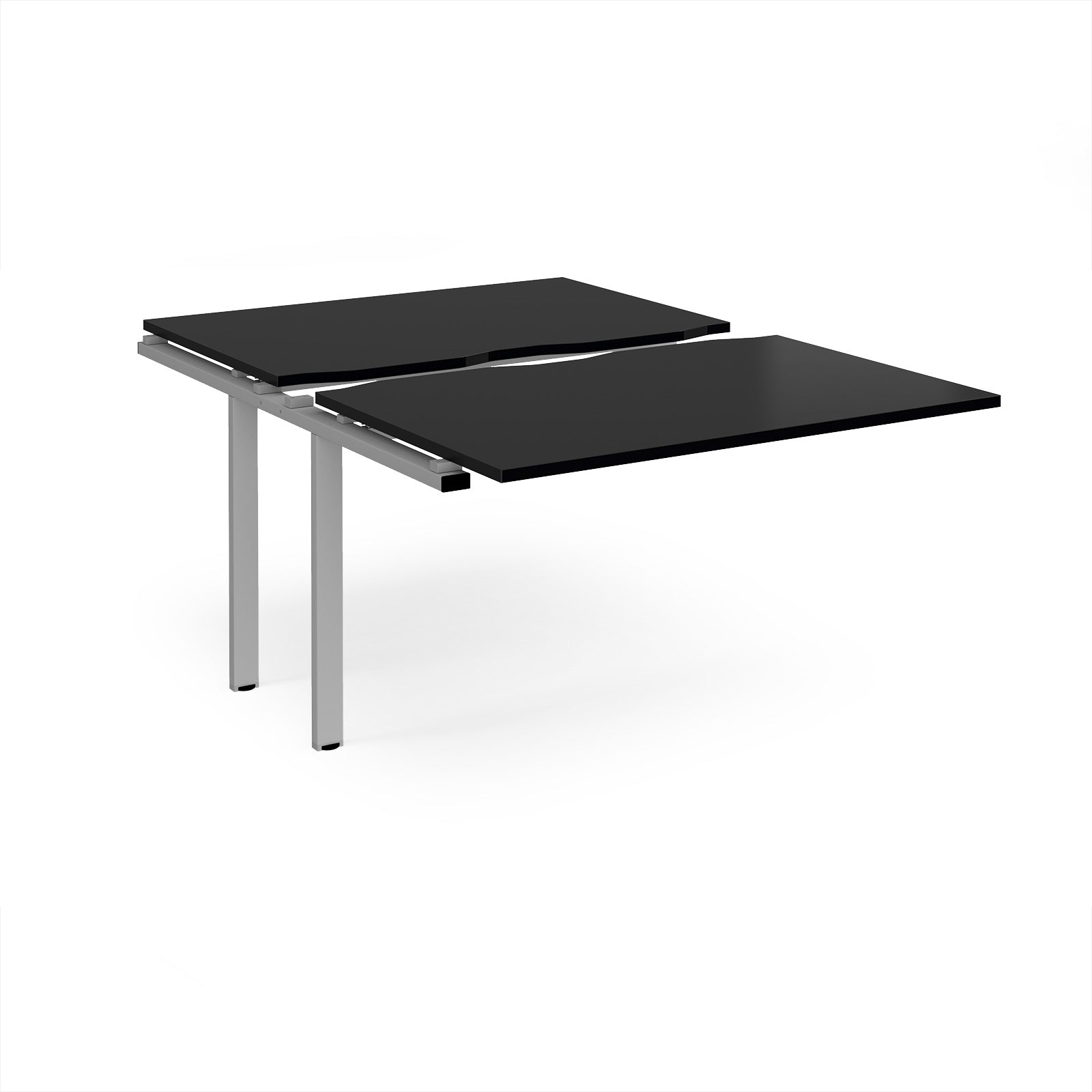 Large modular bench desk add-on with a black top and silver metal legs, shown on a white background.