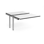 Large modular bench desk add-on with a white top with black edge, and silver metal legs, shown on a white background.