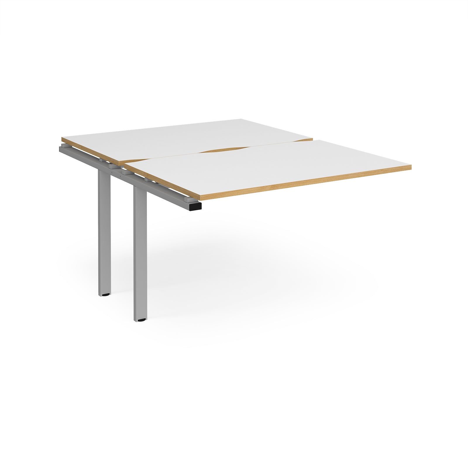 Large modular bench desk add-on with a white top with wood-effect edge, and silver metal legs, shown on a white background.