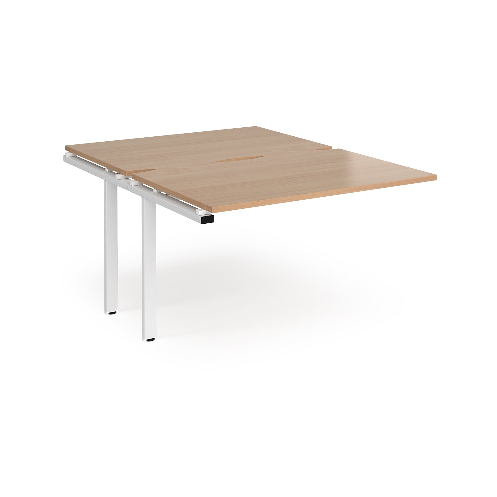 Large modular bench desk add-on with a wood-effect top and white metal legs, shown on a white background.