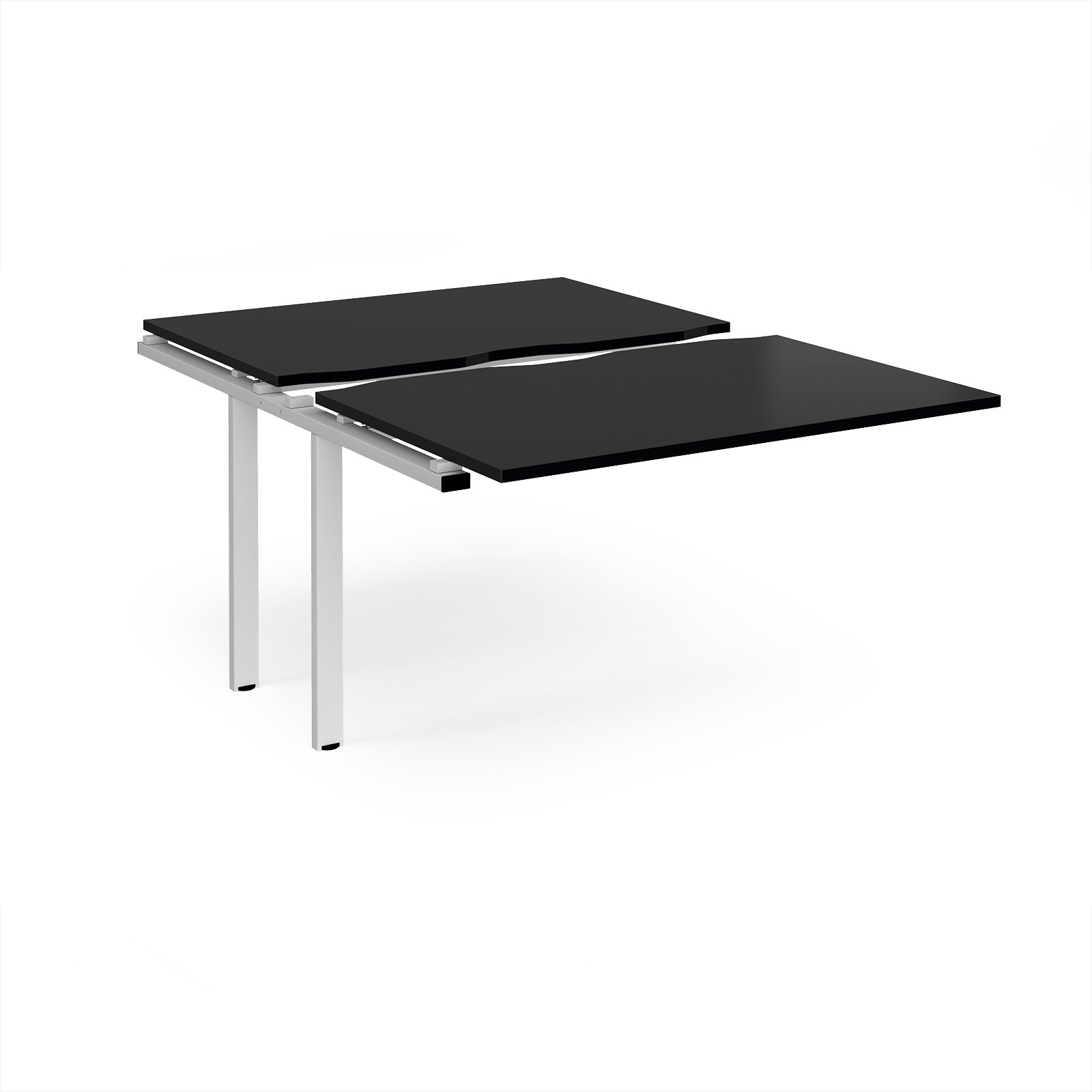 Large modular bench desk add-on with a black top and white metal legs, shown on a white background.