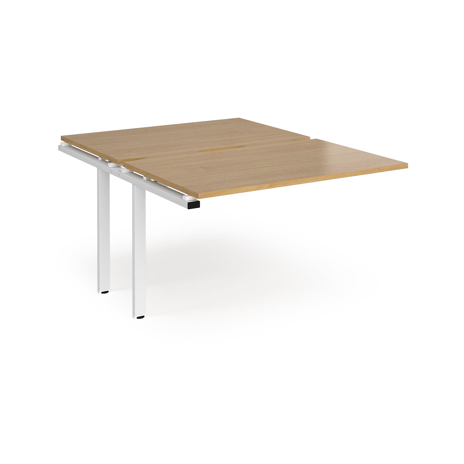 Large modular bench desk add-on with a wood-effect top and white metal legs, shown on a white background.
