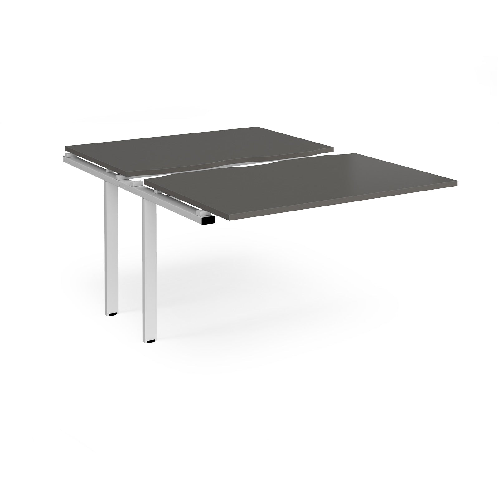 Large modular bench desk add-on with a grey top and white metal legs, shown on a white background.