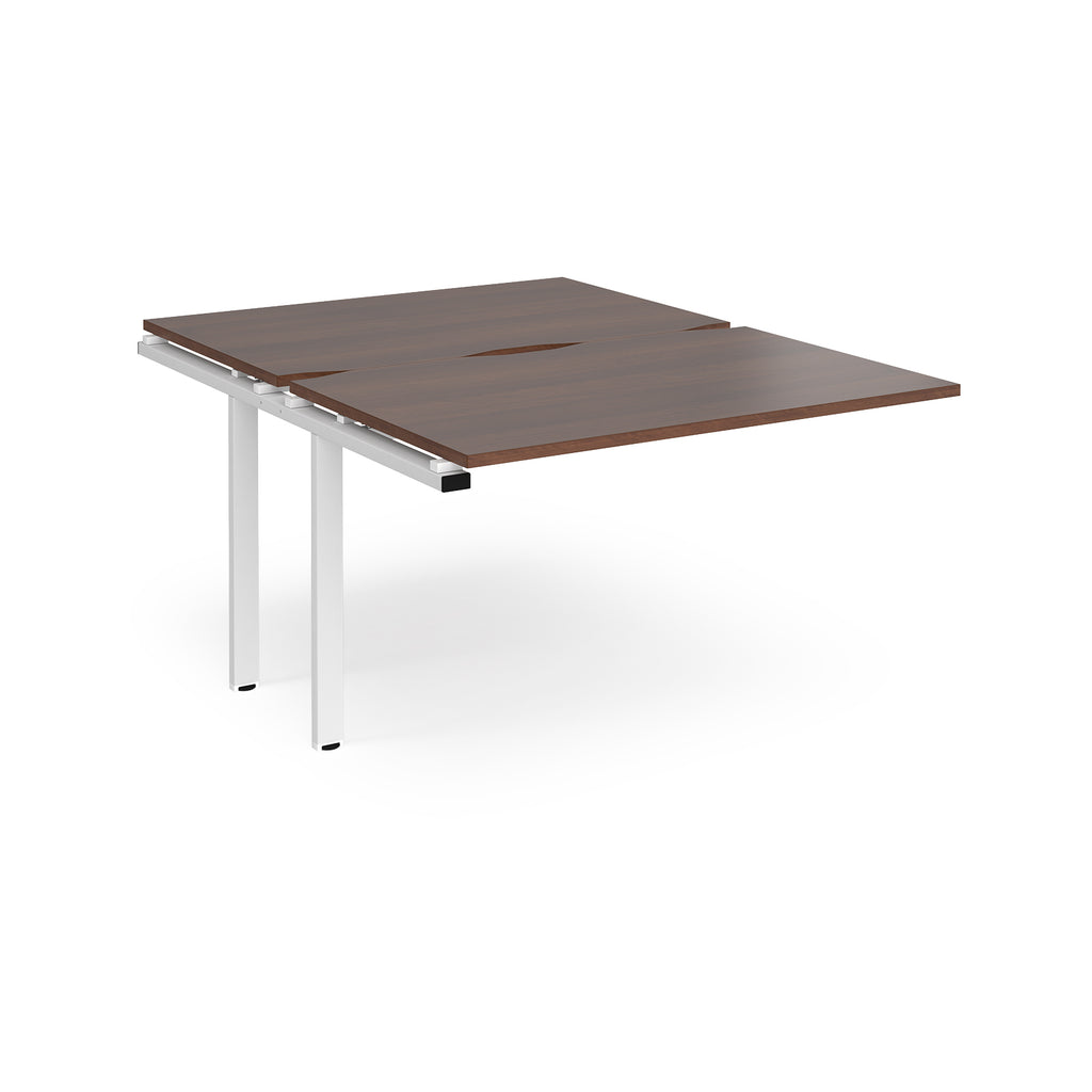 Large modular bench desk add-on with a dark wood-effect top and white metal legs, shown on a white background.