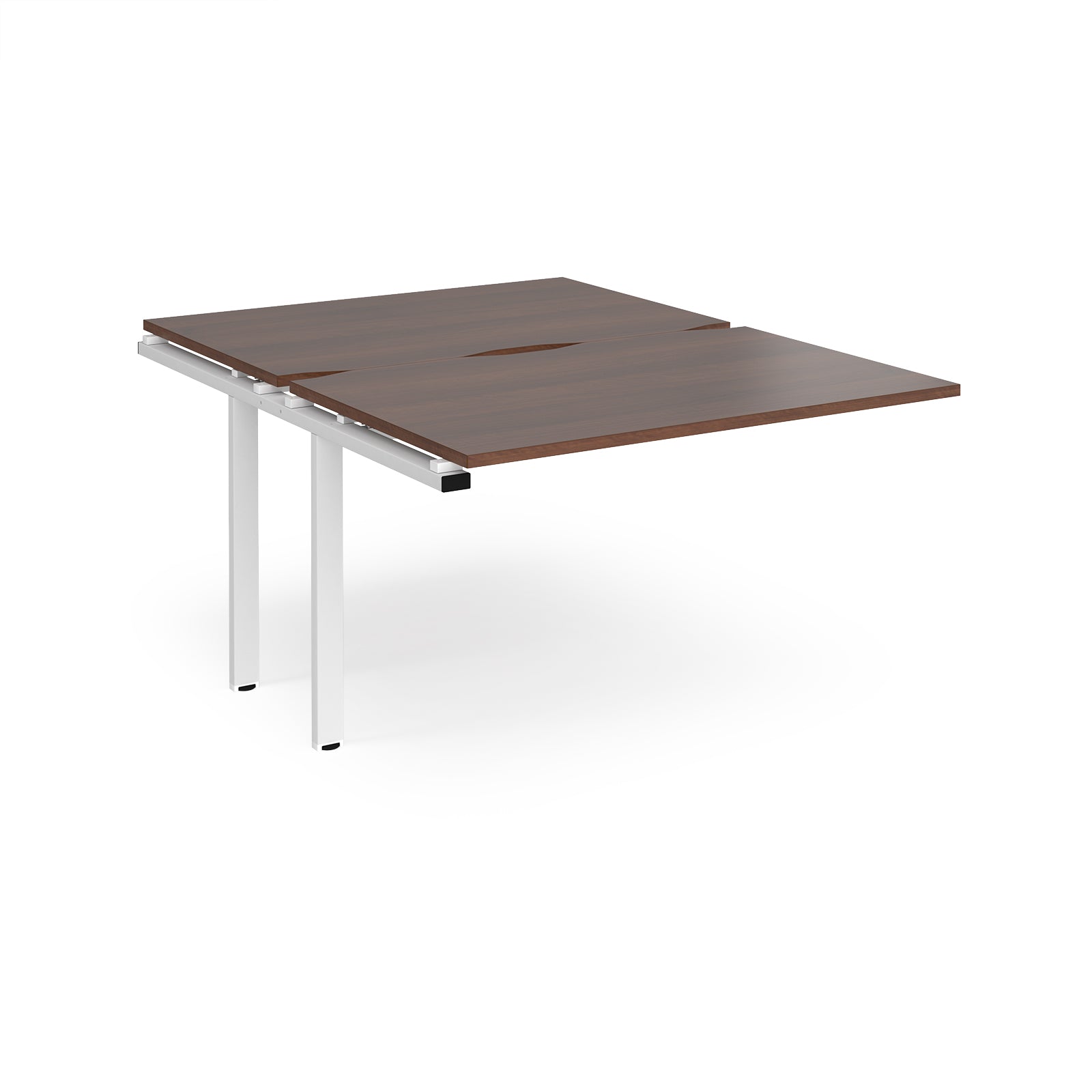 Large modular bench desk add-on with a dark wood-effect top and white metal legs, shown on a white background.