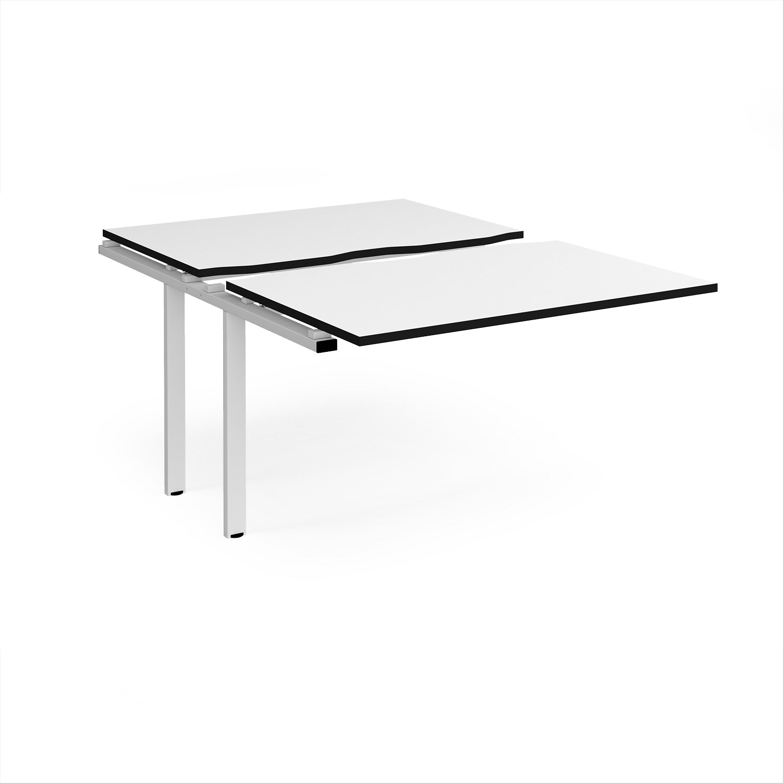Large modular bench desk add-on with a white top with black edge, and white metal legs, shown on a white background.