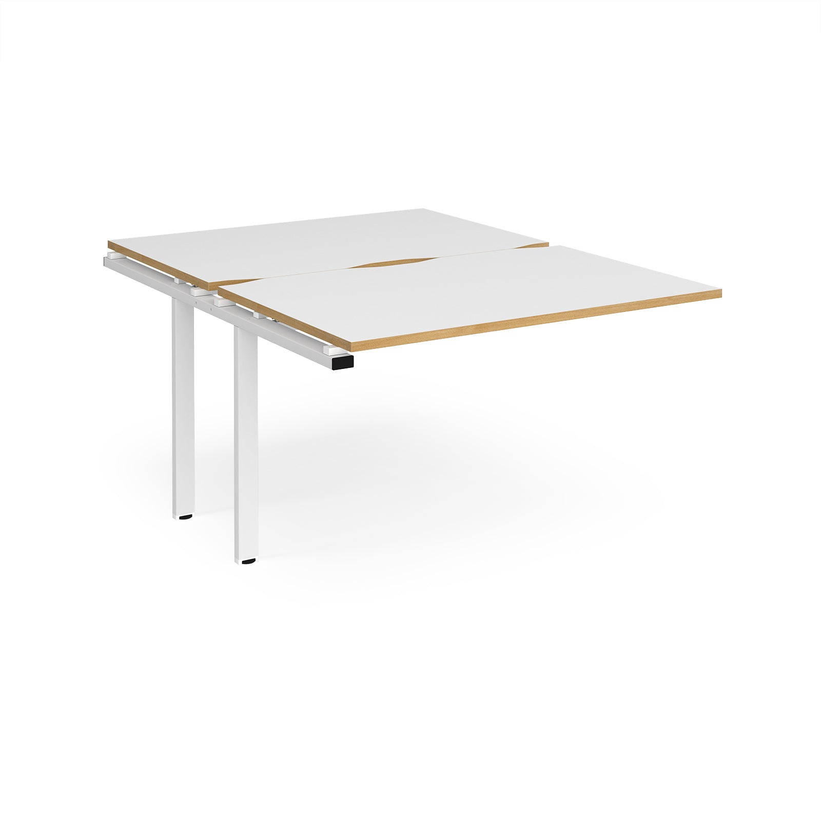 Large modular bench desk add-on with a white top with wood-effect edge, and white metal legs, shown on a white background.
