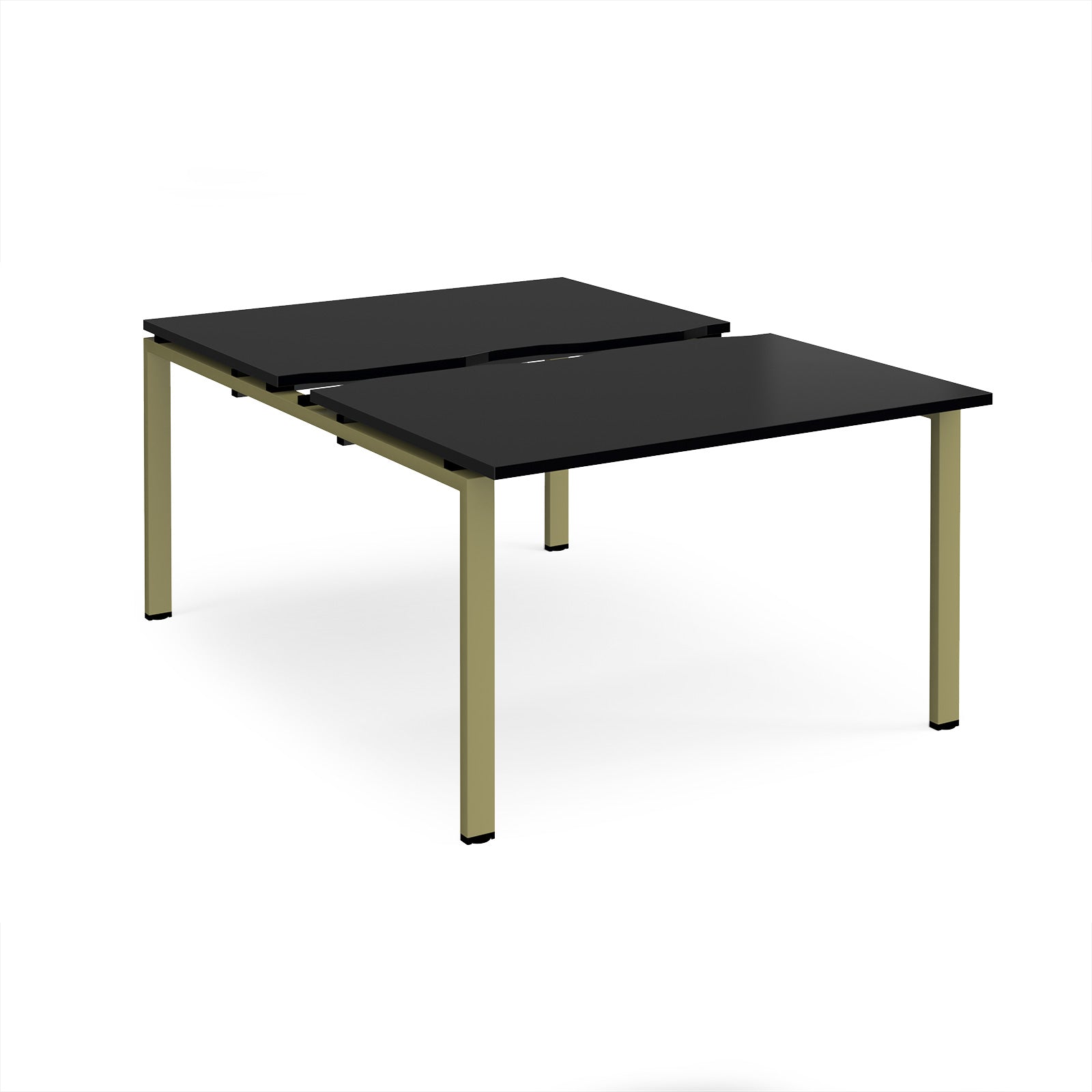 Large modular bench desk with a black worktop, integrated cable access cut-outs, and green metal legs, shown on a white background.