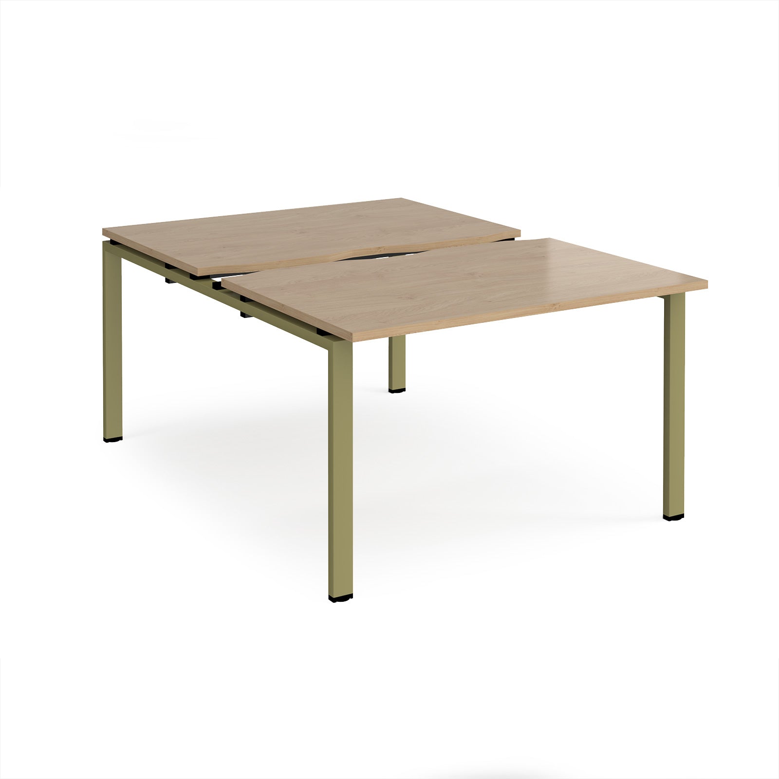 Large modular bench desk with a light oak wood-effect top, integrated cable access cut-outs, and green metal legs, shown on a white background.