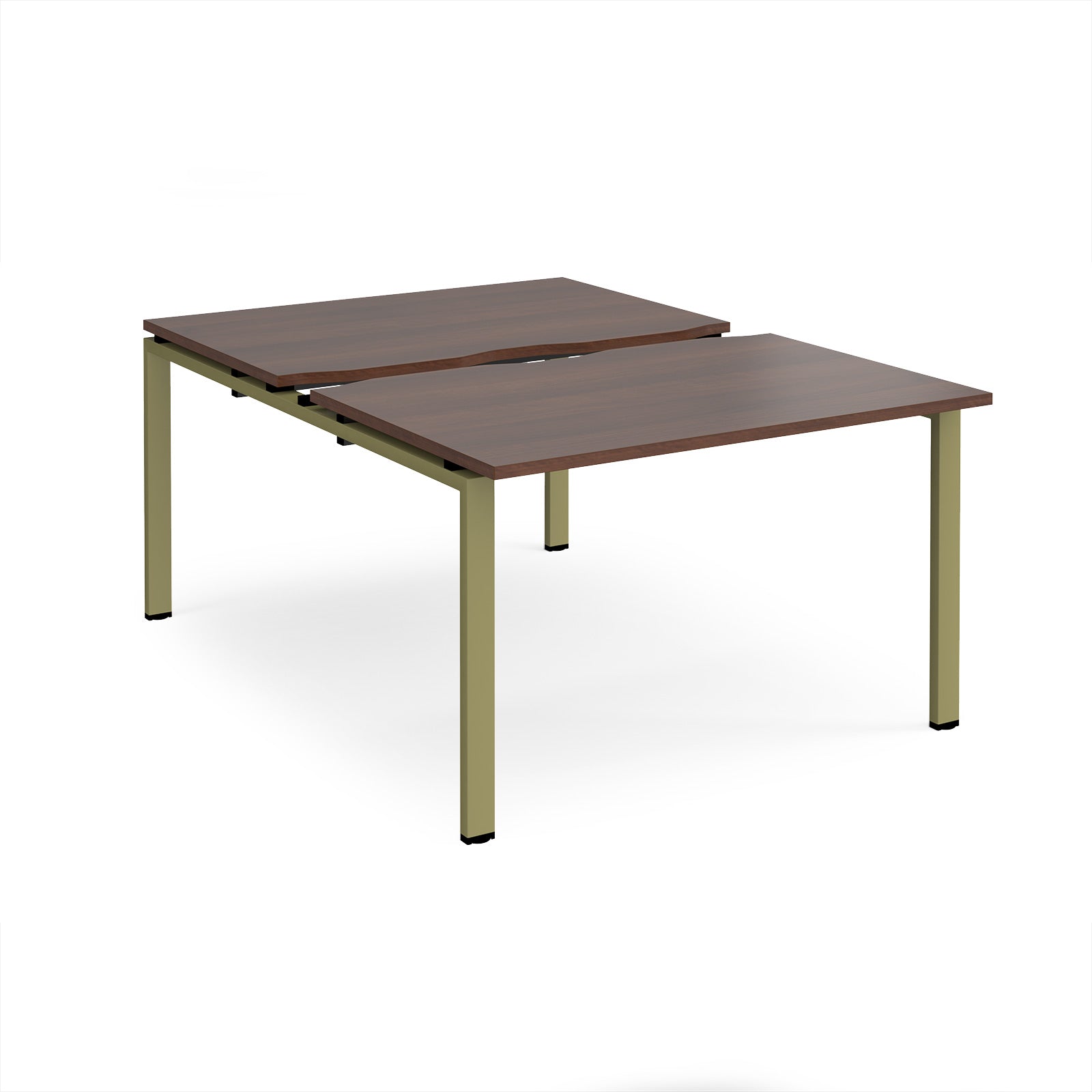 Large modular bench desk with a dark wood-effect top, integrated cable access cut-outs, and green metal legs, shown on a white background.