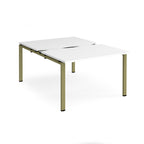 Large modular bench desk with a white worktop, integrated cable access cut-outs, and green metal legs, shown on a white background.